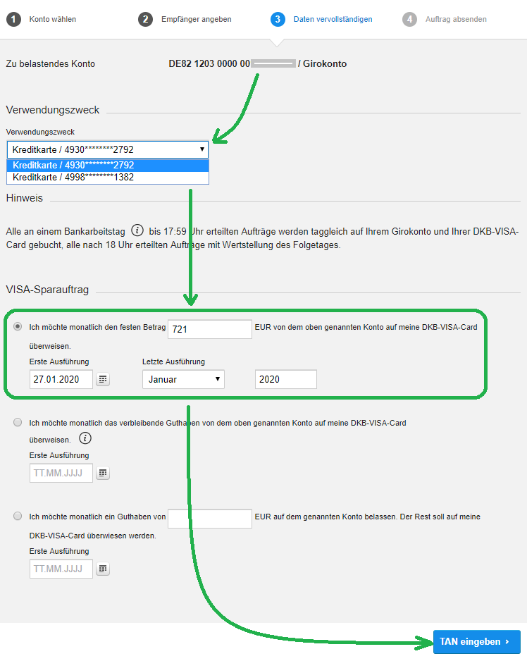 Daten für den Dauerauftrag DKB Visa Card