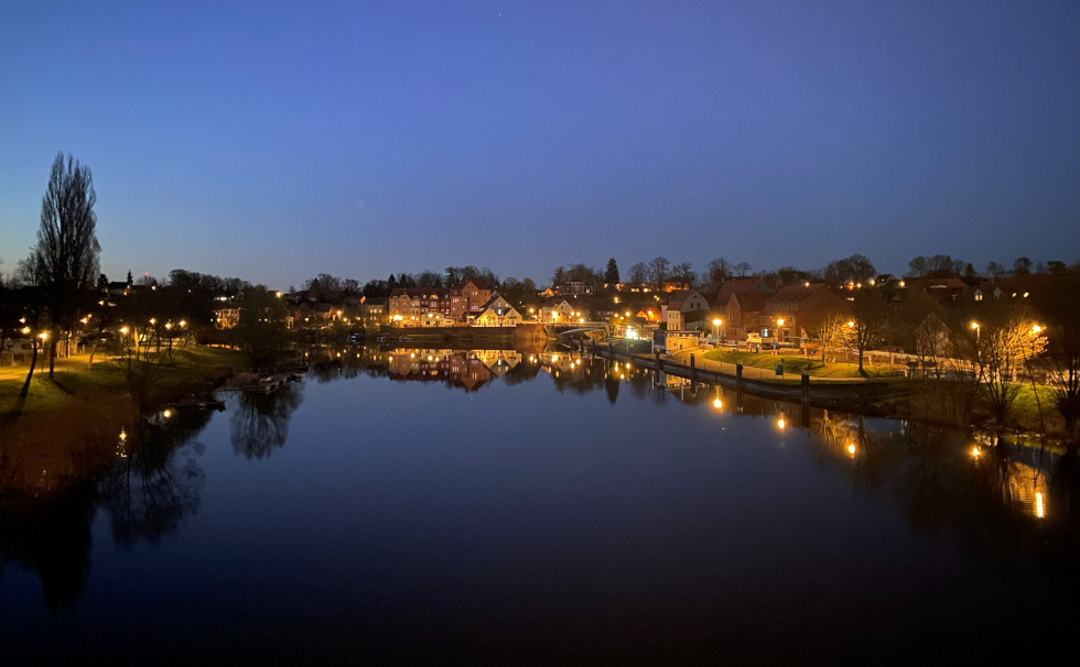 Havelberg in winter with view of the winter harbor