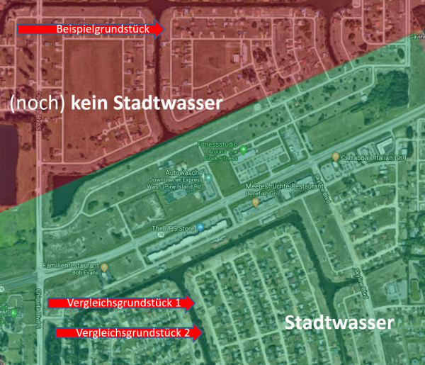 Vergleich von Baugrundstücken in Cape Coral mit und ohne Stadtwasser