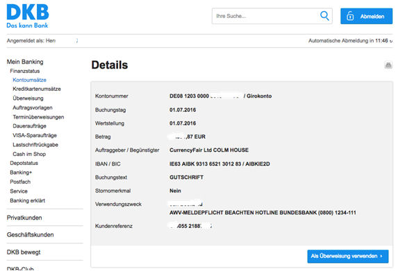 Screenshot: Geldeingang auf meinem DKB-Girokonto