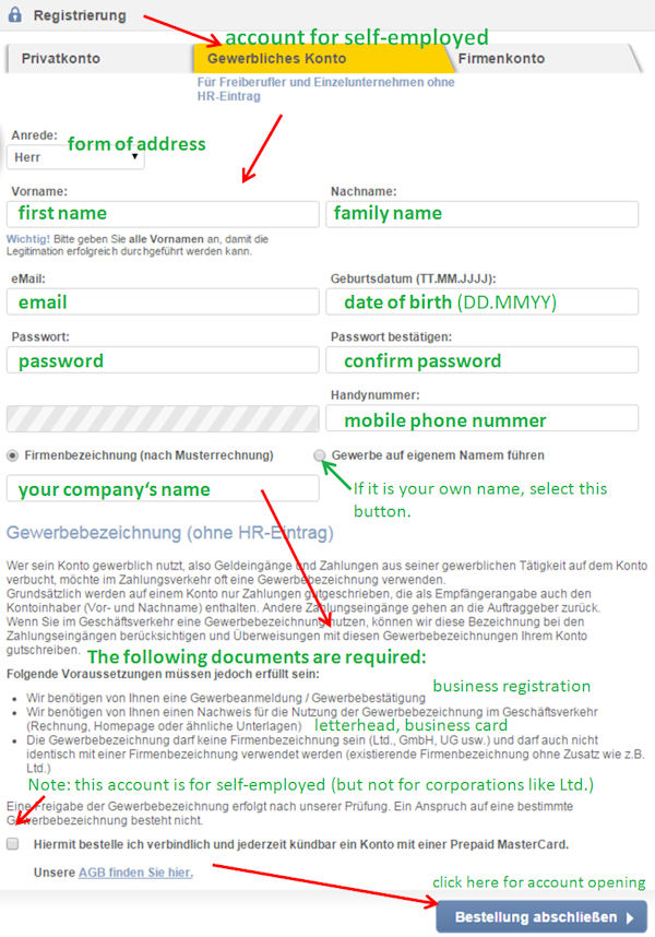 Form completion at the opening of business account for the self-employed