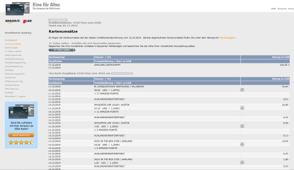 Amazon Visa Card Kartenumsätze