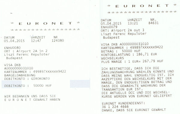 Receipts from ATMs in Hungary