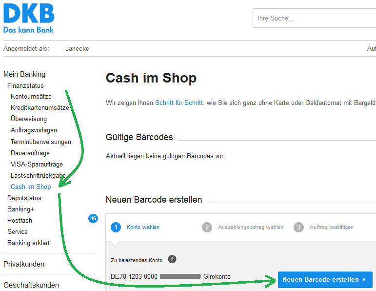 DKB Cash im Shop – Barcode erzeugen