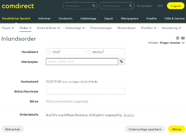 Ordermaske beim Comdirect-Depot