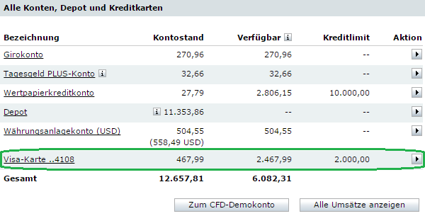 Kreditkarte im Online Banking der Comdirect Bank