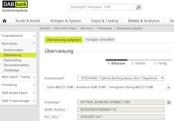 Ausschnitt aus dem Online-Banking der DAB Bank.