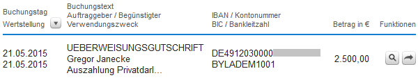 Payout from the DKB credit (bank statement)