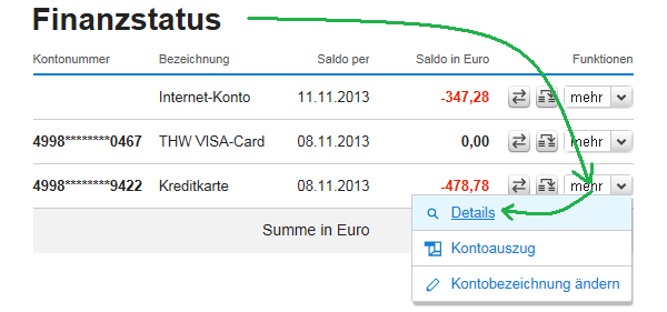 DKB Finanzstatus, Kreditkartendetails.