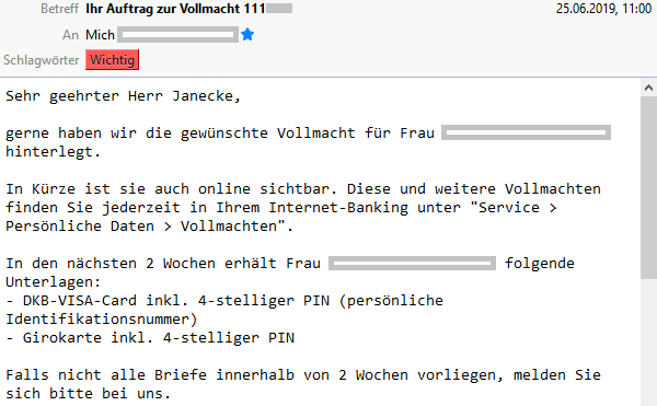 E-Mail der DKB zur Vollmacht