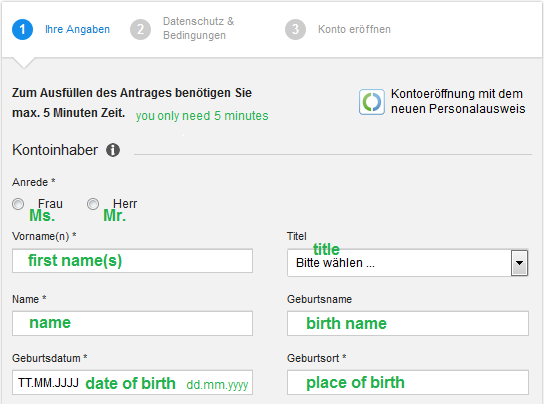 Angaben zur Person bei der DKB Kontoeröffnung