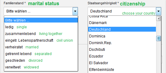 Marital status and nationality are to be selected