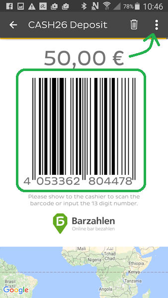 Barcode for the deposit of cash