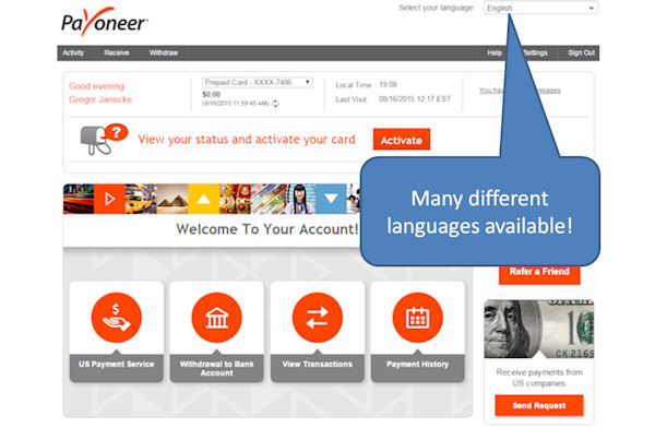 Payoneer account: many differenzt languages are available