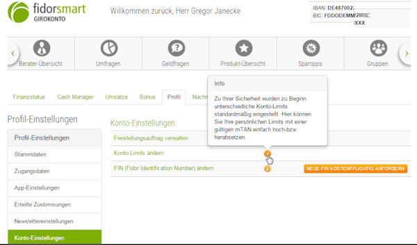 Einstellungen im Fidor Online-Banking-System.