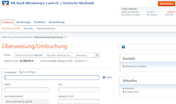 Extract from the online banking of the Deutsche Skatbank