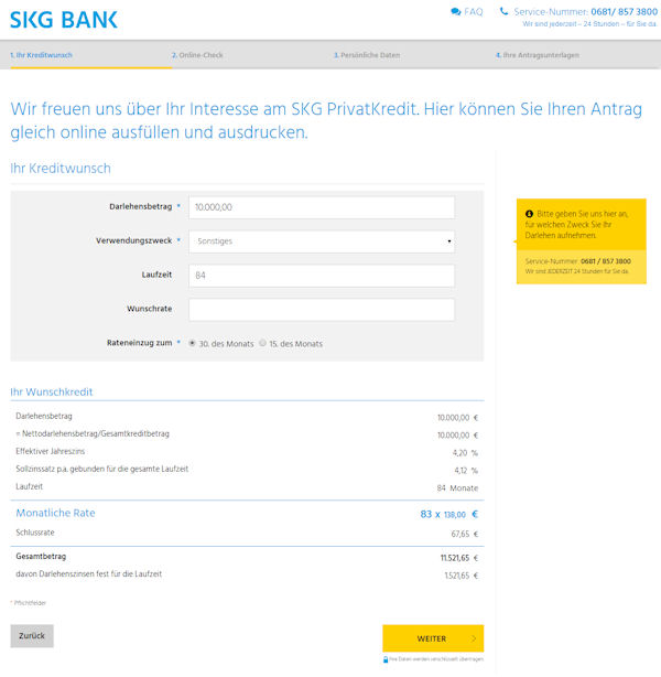 SKG Bank Online-Antrag Kredit