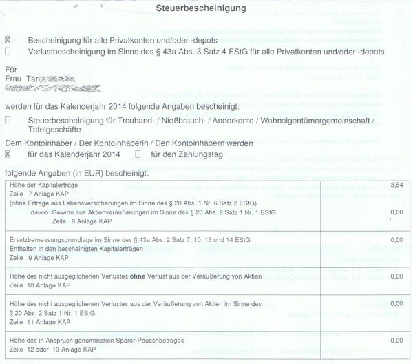 Typical tax certificate of a bank for capital gains (interest)