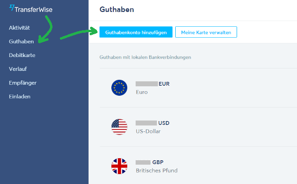 TransferWise CAD Konto hinzufügen