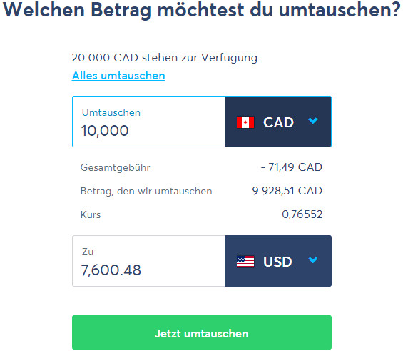 Mit TransferWise CAD in USD umtauschen