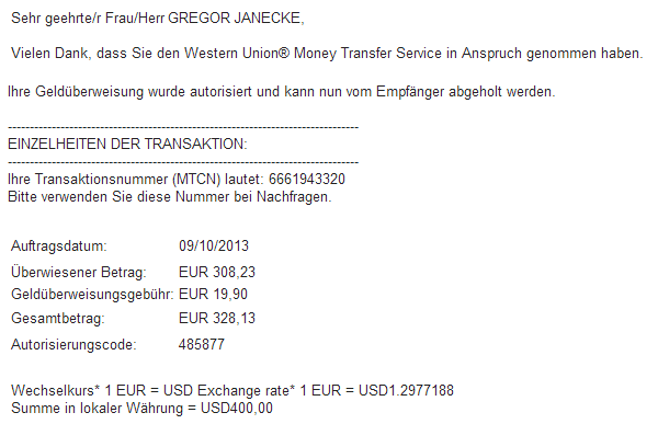 Confirmation of Western Union by e-mail