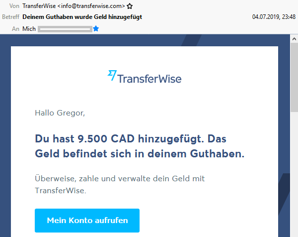 E-Mail über Zahlungseingang von TransferWise